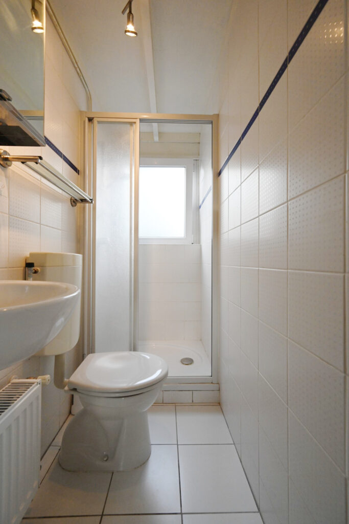 Sandepark 70. Compacte badkamer met wasbak, toilet en douche.